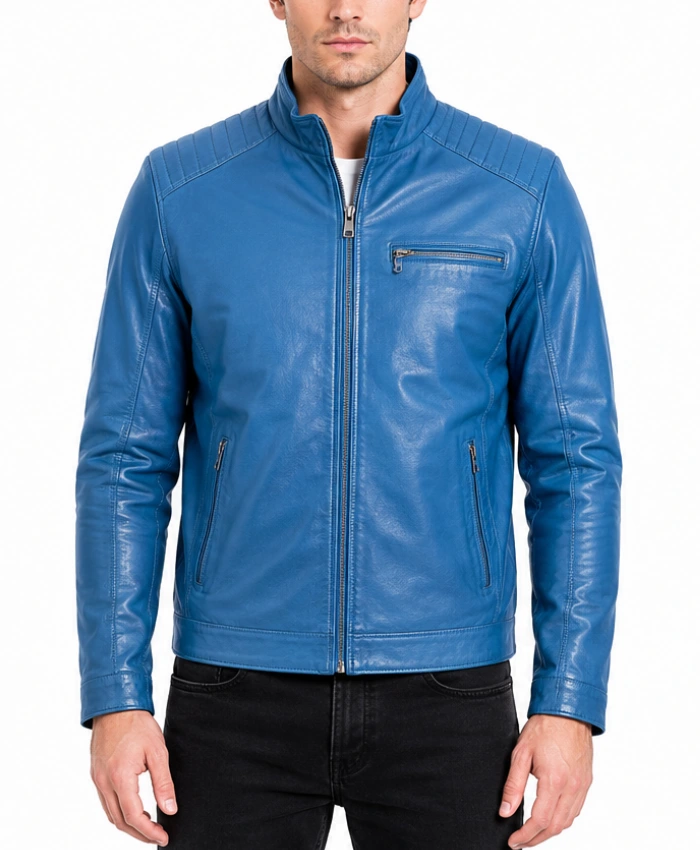 Blue Leather Stand Quilted Jacket for Mens
