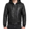 Buy Mens Bomber Hooded Black Leather Jacket
