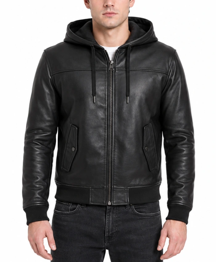 Buy Mens Bomber Hooded Black Leather Jacket