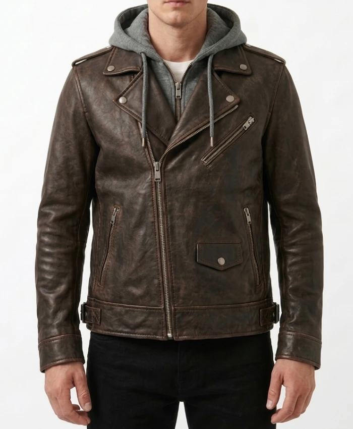 Mens Bramlock Biker Leather jacket with Detachable Fleece Hoodie