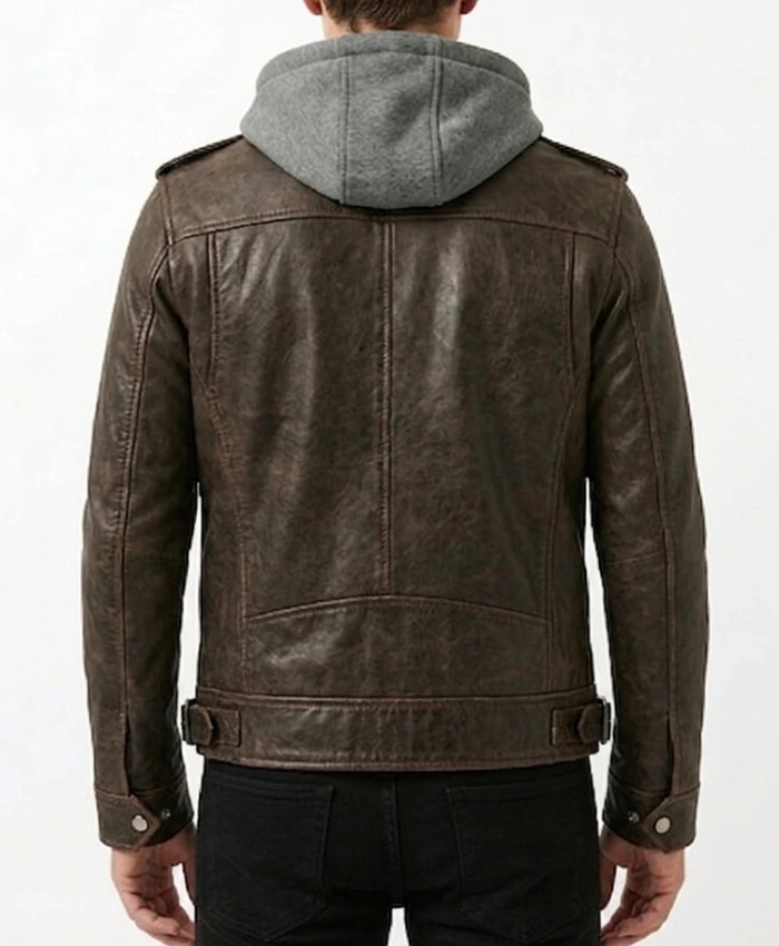 Mens Bramlock Biker Leather jacket with Detachable Hoodie