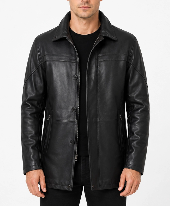 Bristol — Men's Black Lambskin 3/4 Length Car Coat