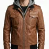 Detachable Fleece Hood Brown Leather Jacket