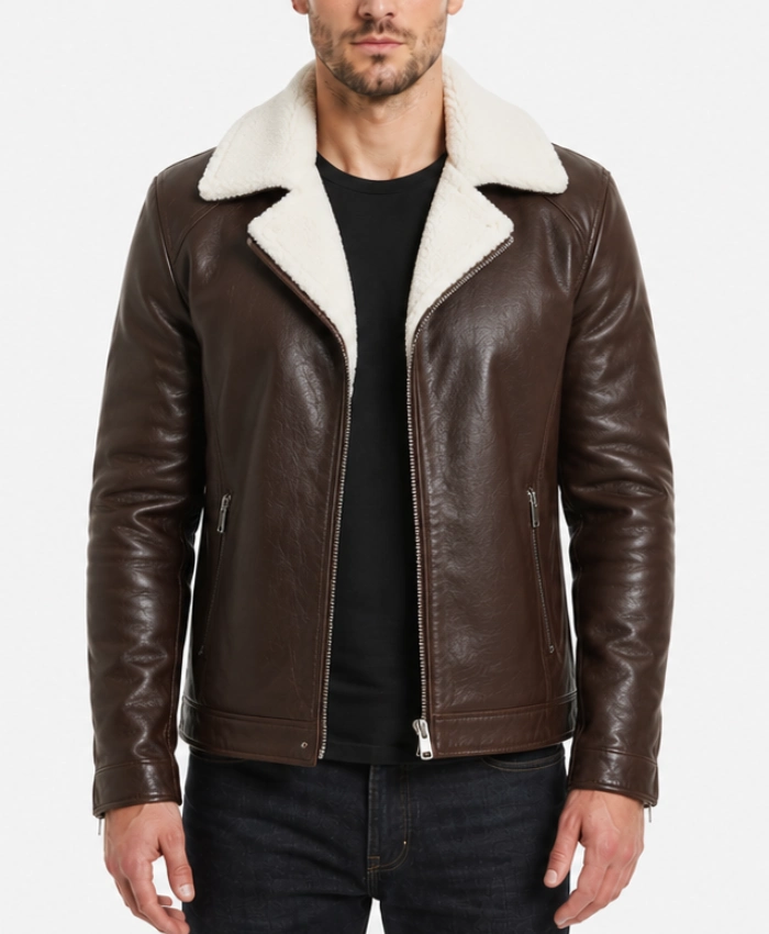 Mens Brown Leather White Fur Jacket