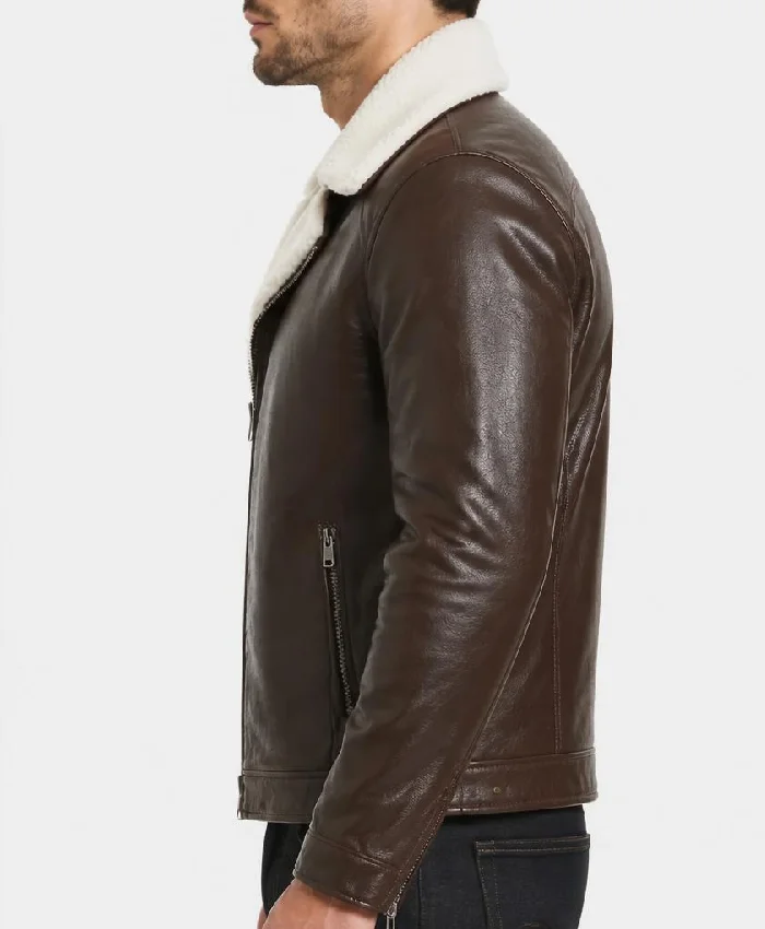 Mens Brown Leather White Fur Jacket