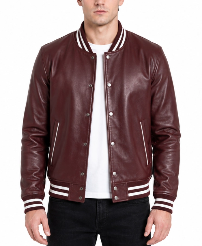 Burgund Varsity Leather Jacket for Mens