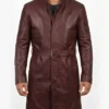 Mens Burgundy Belted Trench Leather Coat