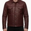 Mens Burgundy Trucker Leather Jacket on sale