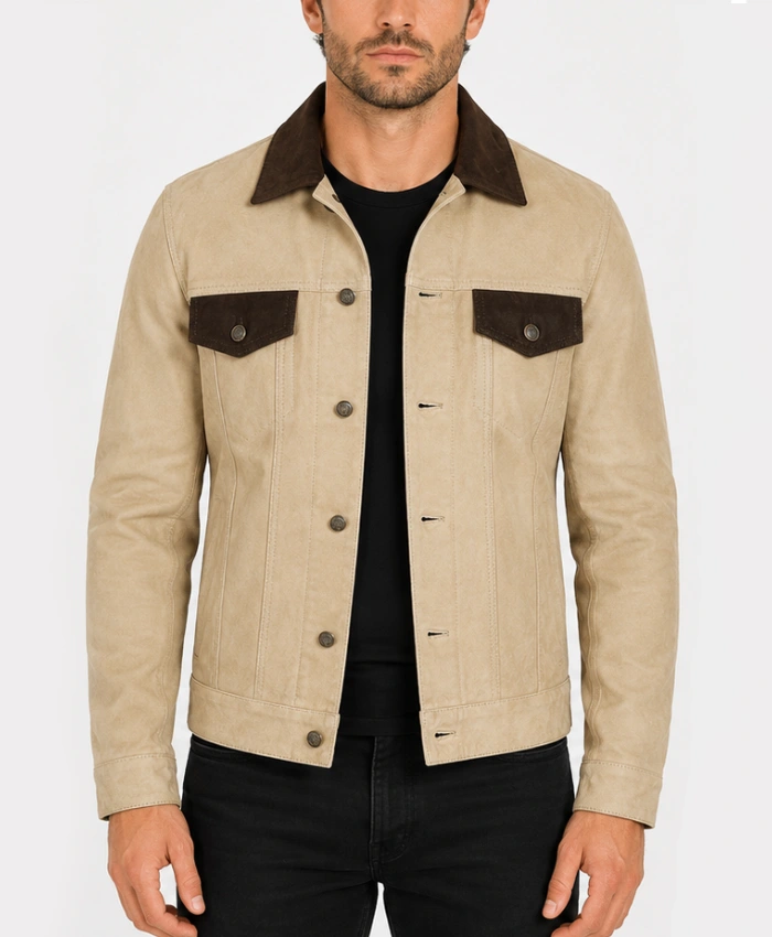 Classic Real Suede Camel Trucker Style Jacket for Men's