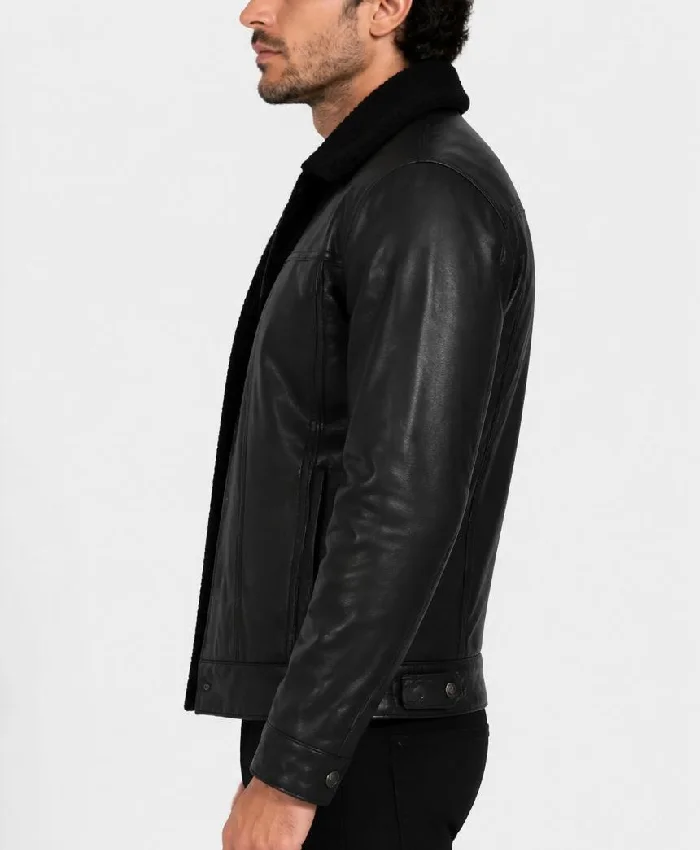 Mens Cognac Black Real Leather Trucker Jacket Sherpa Lined