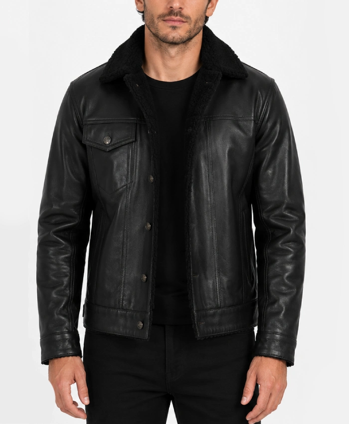 Sherpa Lined Cognac Black Real Leather Trucker Jacket