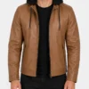 Wax Leather Cognac Jacket with Removable Hood