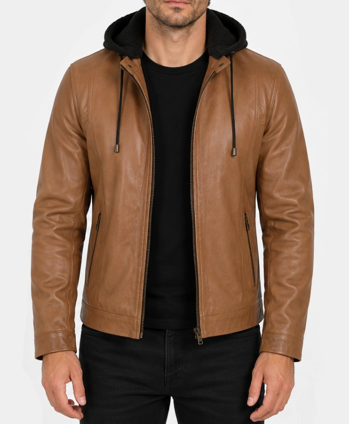 Wax Leather Cognac Jacket with Removable Hood
