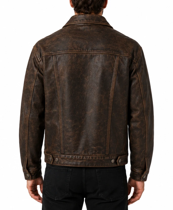 Mens Dark Brown Distressed Trucker Leather Jacket