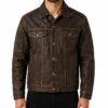 Mens Dark Brown Distressed Leather Trucker Jacket
