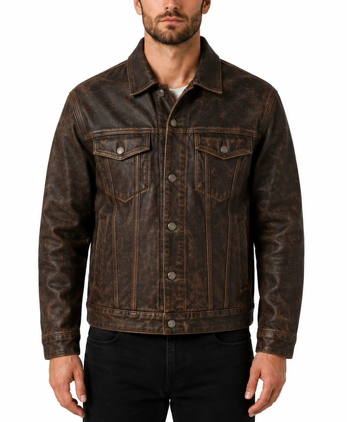 Mens Dark Brown Distressed Leather Trucker Jacket