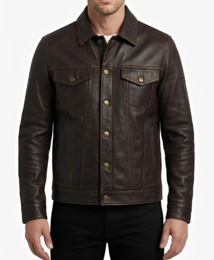 Dark Brown Mens Leather Trucker Jacket
