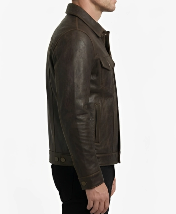Buy Mens Dark Brown Leather Trucker Jacket