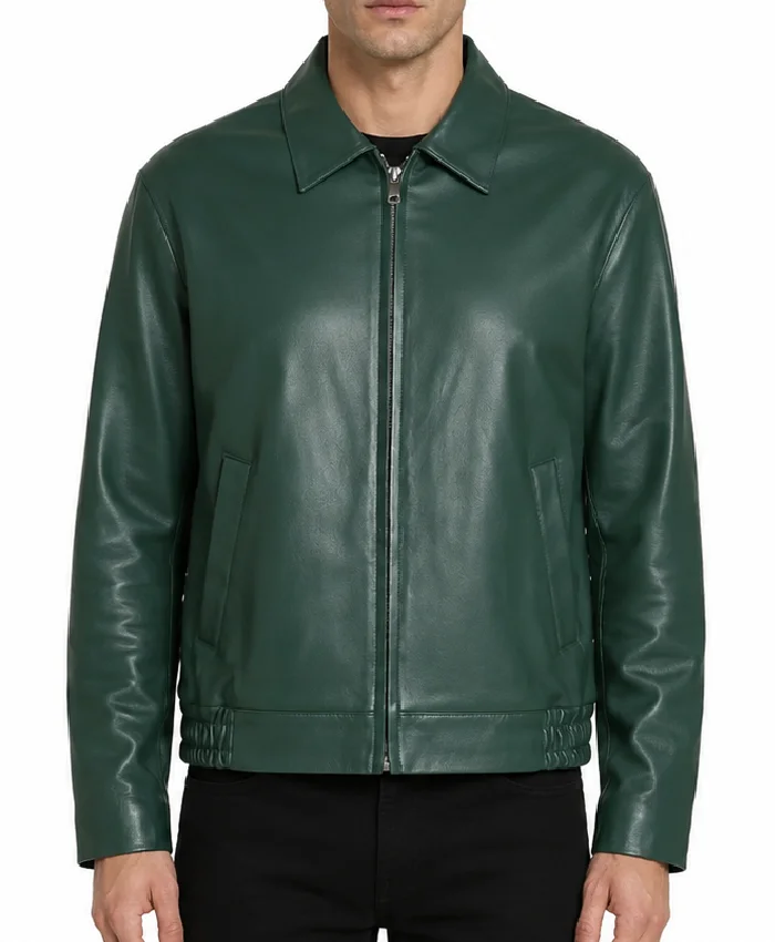 Mens Dark Green Leather Bomber Jacket