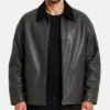 Dark Grey Oversized Leather Jacket with Suede Collar