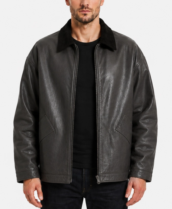 Dark Grey Oversized Leather Jacket with Suede Collar