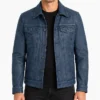 Denim Style Trucker Blue Washed Leather Jacket for Mens