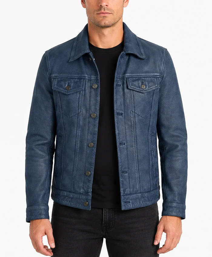 Denim Style Trucker Blue Washed Leather Jacket for Mens