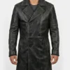 Distressed Black Leather Trench Coat for Mens