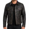 Distressed Black Washed Leather Jacket for Mens