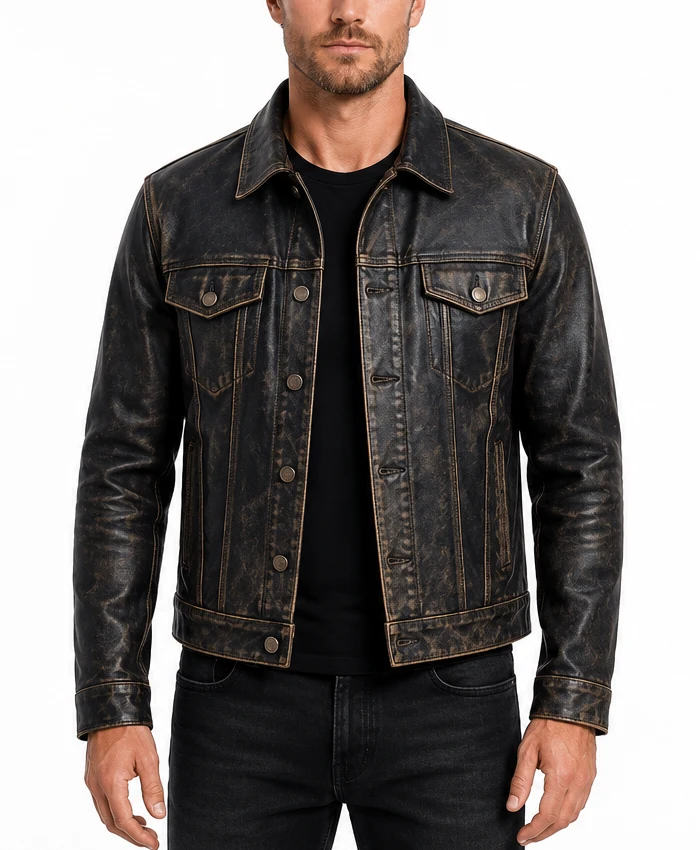 Distressed Black Washed Leather Jacket for Mens