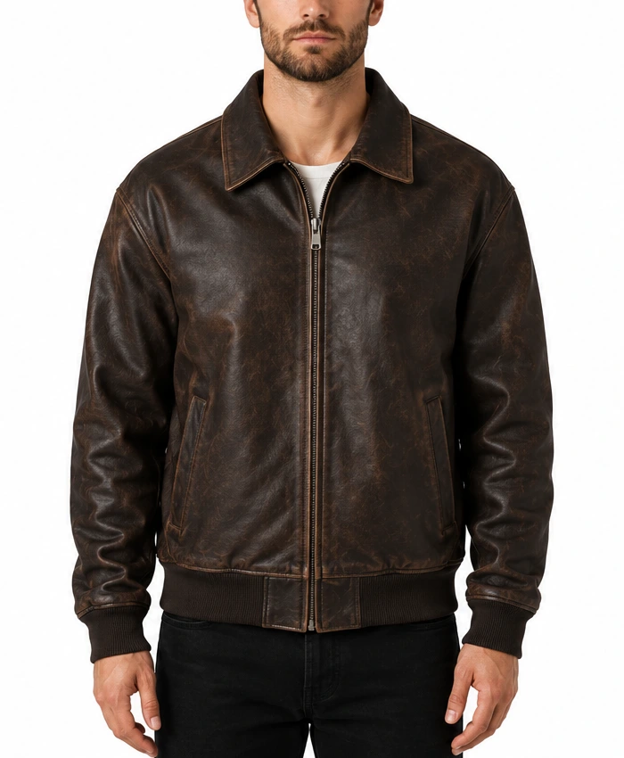 Distressed Bomber Brown Leather Jacket for Mens