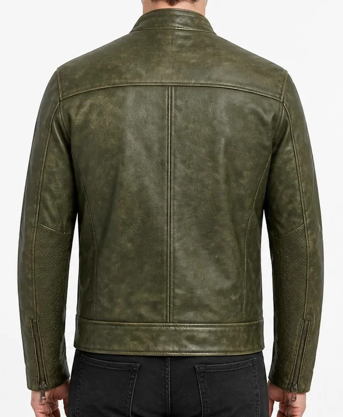 Mens Distressed Green Biker Leather Jacket