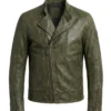 Mens Distressed Style Leather Biker Motorcycle Jacket In Green