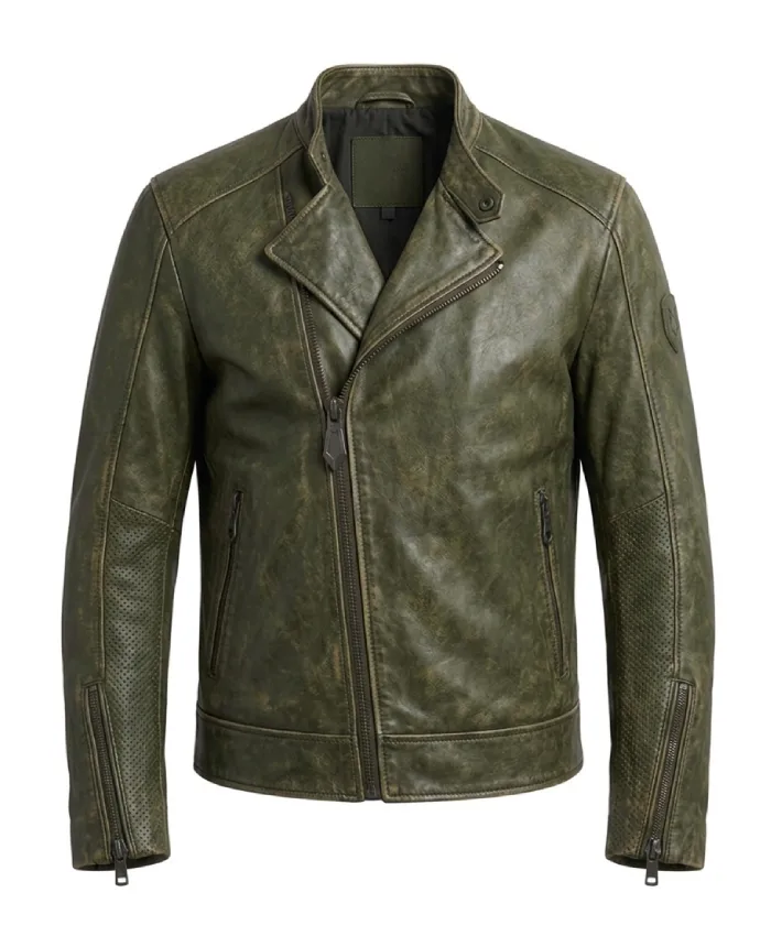 Mens Distressed Style Leather Biker Motorcycle Jacket In Green