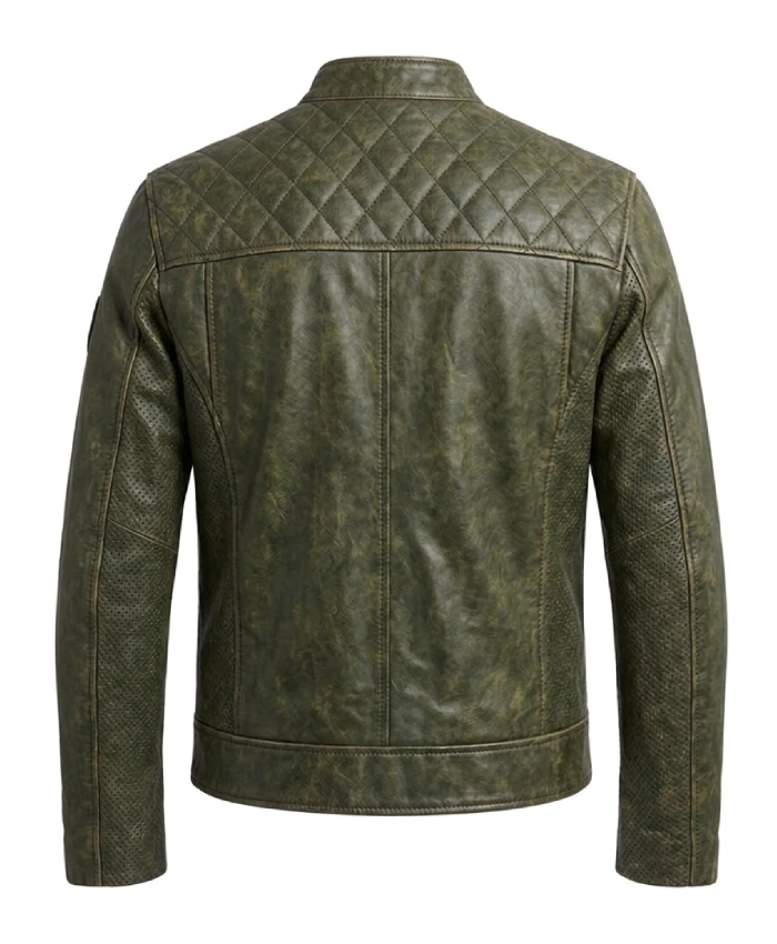 Mens Green Distressed Leather Biker Jacket