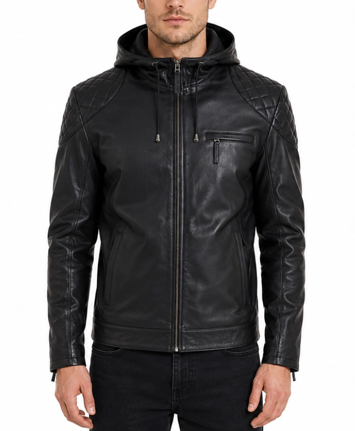 Genuine Leather Hood Biker Jacket for Men