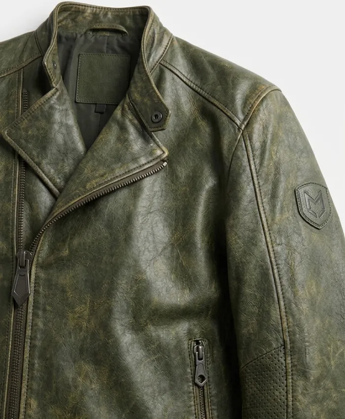 Mens Distressed Green Leather Biker Jacket