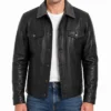Grey Collar Black Waxed Leather Trucker Jacket For Mens
