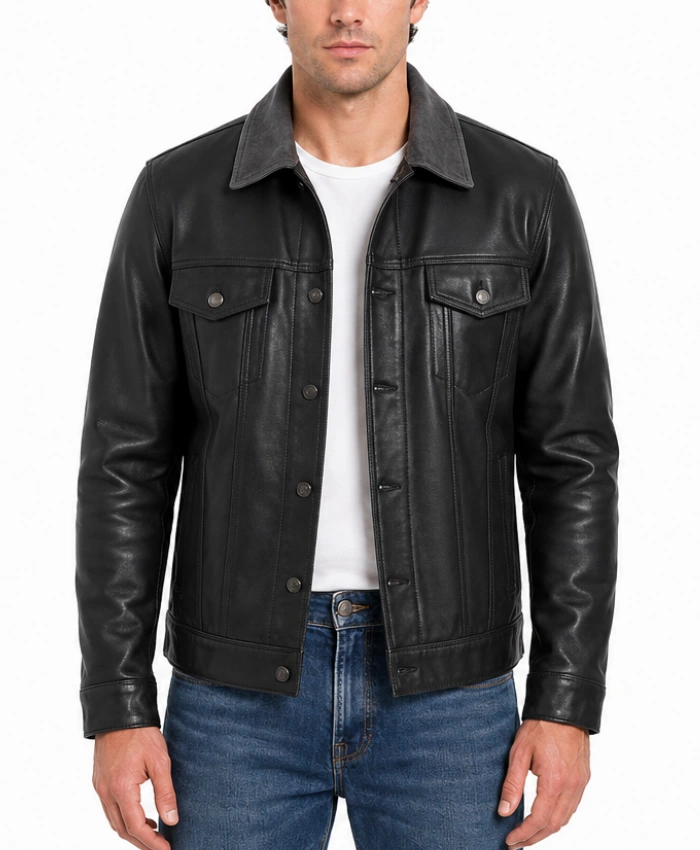 Grey Collar Black Waxed Leather Trucker Jacket For Mens