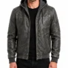 Mens Grey Hooded Leather Jacket in Bomber Style