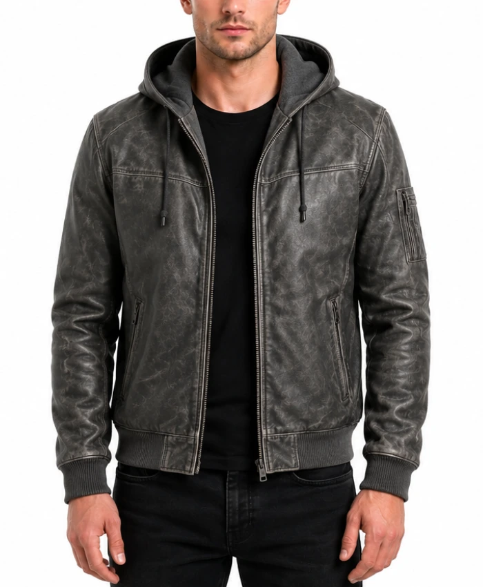 Mens Grey Hooded Leather Jacket in Bomber Style