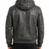 Grey Hooded Bomber Style Leather Jacket for Mens
