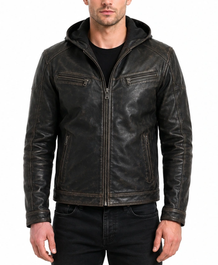 Buy Mens Hooded Distressed Black Leather Jacket