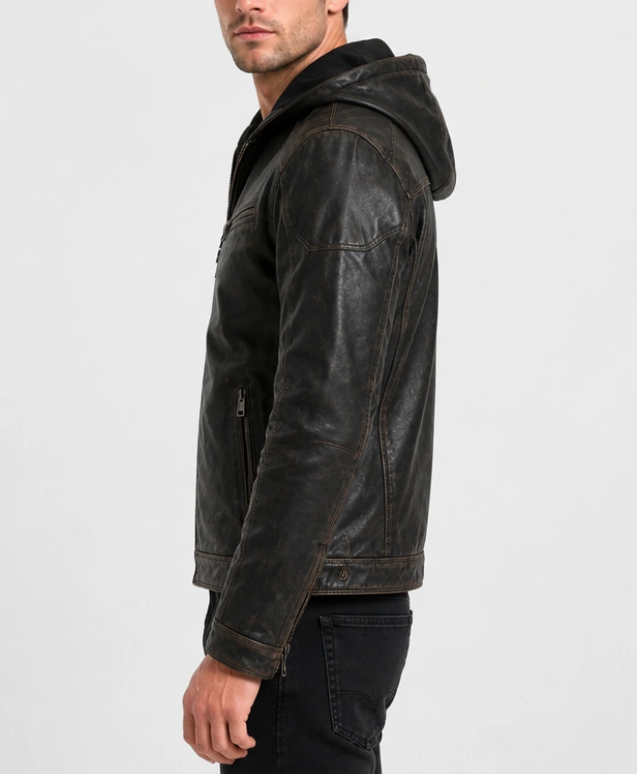 Mens Distressed Hooded Black Leather Jacket