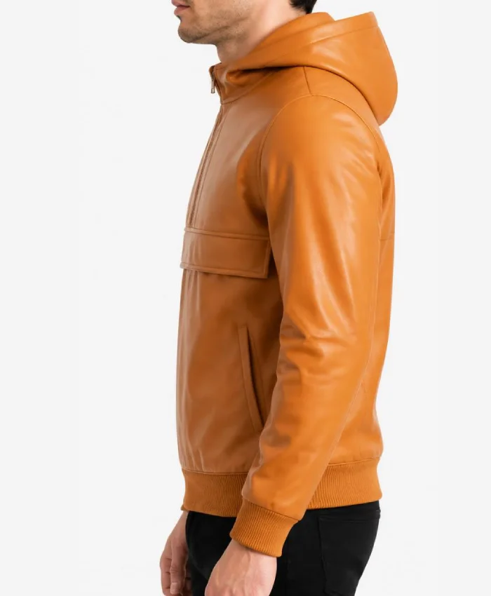 Mens Kenton Hooded Brown Leather Pullover Jacket