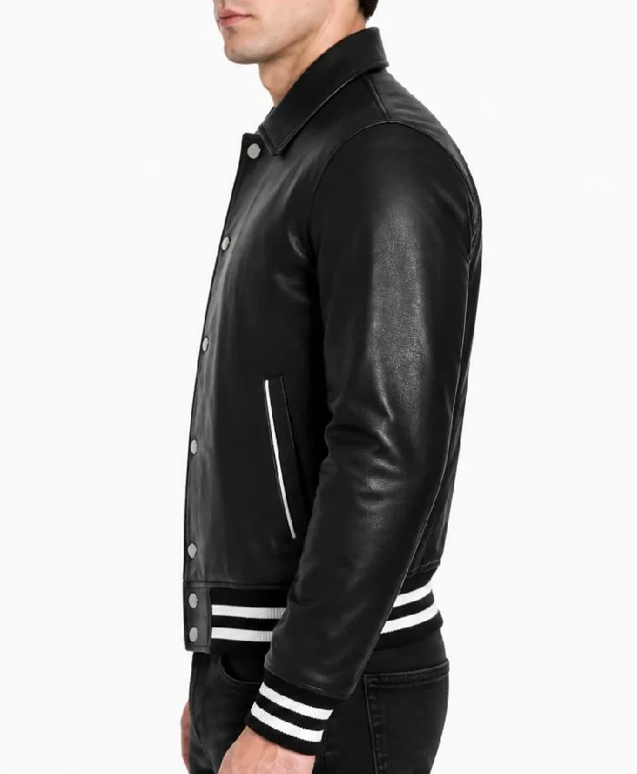Mens Leather Shirt Collar Varsity Black Jacket