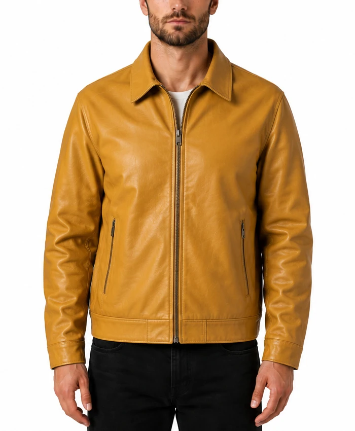 Mustard Yellow Waxed Leather Jacket for Mens