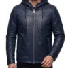Navy Blue Hooded Leather Jacket for Mens