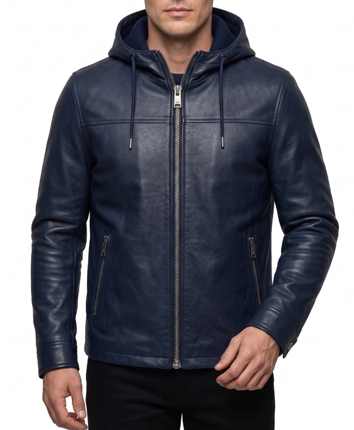 Navy Blue Hooded Leather Jacket for Mens