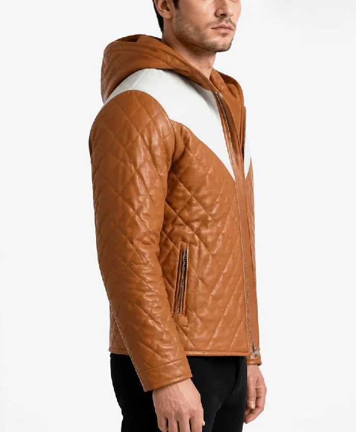 Mens Norman Tan Hooded Bomber Leather Puffer Jacket